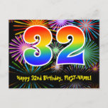 [ Thumbnail: 32nd Birthday – Fun Fireworks Pattern + Rainbow 32 Postcard ]