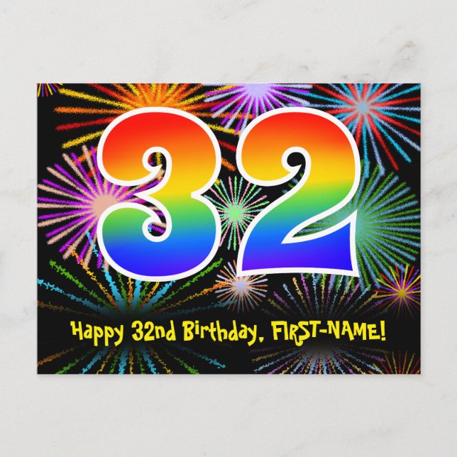 32nd Birthday – Fun Fireworks Pattern + Rainbow 32 Postcard (Front)