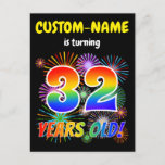 [ Thumbnail: 32nd Birthday - Fun Fireworks, Rainbow Look "32" Postcard ]