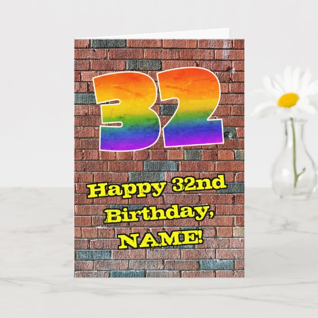 32nd Birthday: Fun Graffiti-Inspired Rainbow 32 Card (Small Plant)