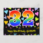 [ Thumbnail: 32nd Birthday: Fun Hearts Pattern, Rainbow 32 Postcard ]