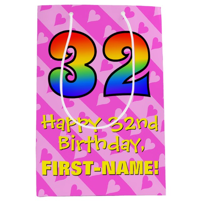 32nd Birthday: Fun Pink Hearts Stripes; Rainbow 32 Medium Gift Bag (Front)