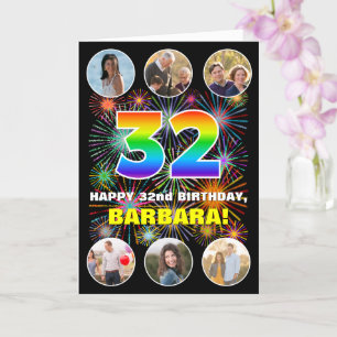 32nd Birthday: Fun Rainbow #, Custom Name & Photos Card