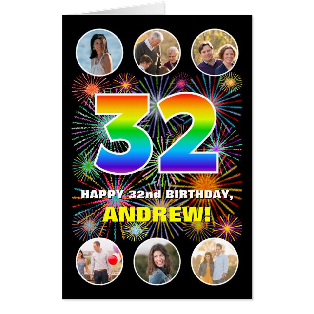 32nd Birthday: Fun Rainbow #, Custom Name + Photos Card (Front)