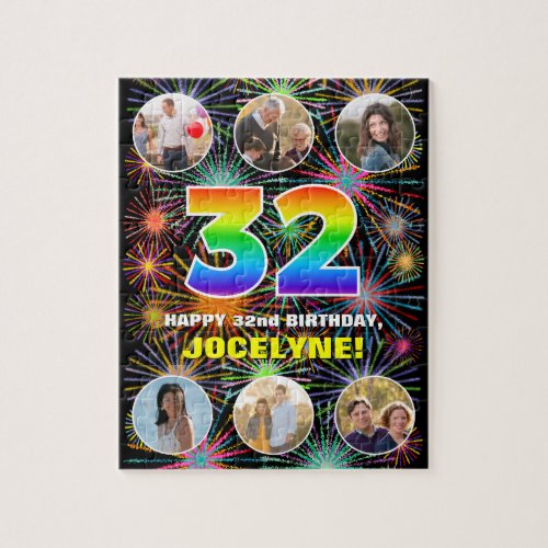 32nd Birthday Fun Rainbow  Custom Name  Photos Jigsaw Puzzle