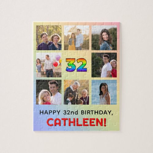 32nd Birthday Fun Rainbow  Custom Name  Photos Jigsaw Puzzle