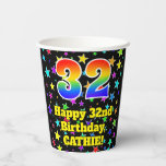 [ Thumbnail: 32nd Birthday: Fun Stars Pattern and Rainbow 32 Paper Cups ]