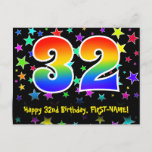 [ Thumbnail: 32nd Birthday: Fun Stars Pattern, Rainbow 32, Name Postcard ]