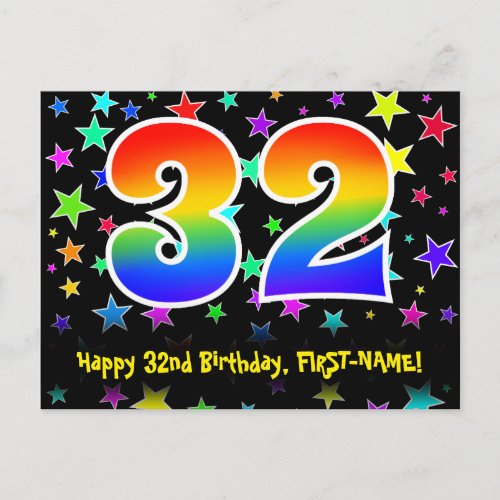 32nd Birthday Fun Stars Pattern Rainbow 32 Name Postcard