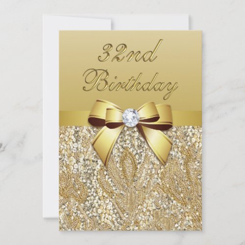 32nd Birthday Gold Faux Sequins and Bow Invitation