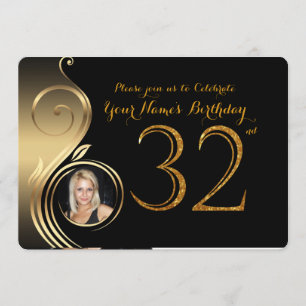 32nd,Birthday Invitation,Number Glitter Gold,Photo Invitation