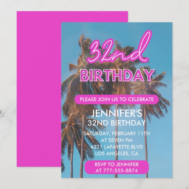 32nd birthday invitation Summer Pink Palm tree (Front/Back)