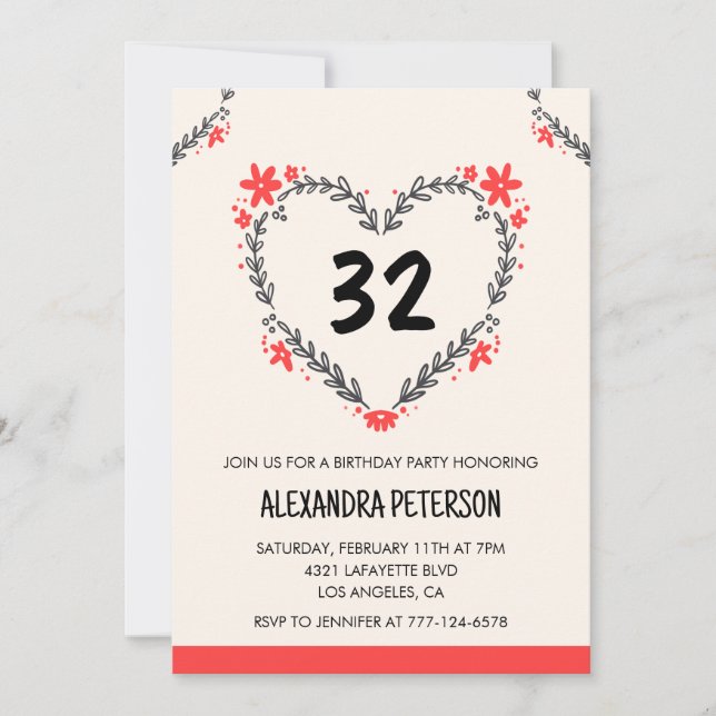 32nd birthday invitations for her floral heart (Front)