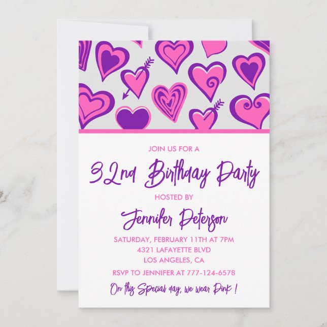 32nd birthday invitations Glam Pink Heart (Front)