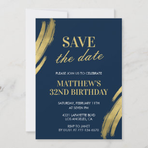 32nd birthday invitations Save the date Navy Gold