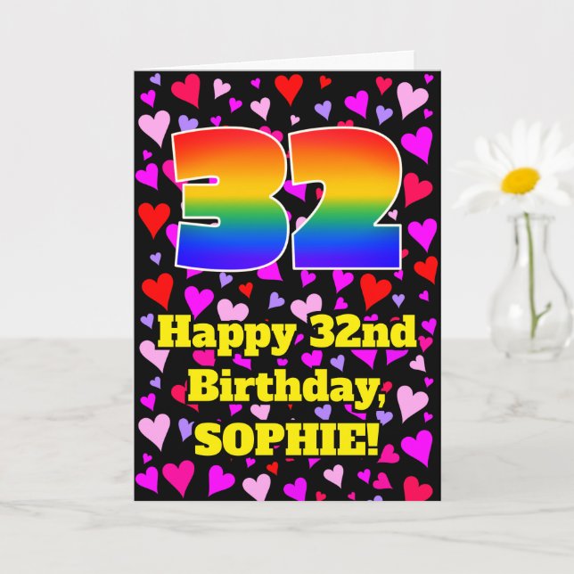 32nd Birthday: Loving Hearts Pattern, Rainbow # 32 Card (Small Plant)
