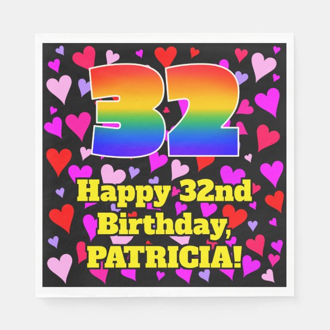 32nd Birthday: Loving Hearts Pattern, Rainbow # 32 Napkins (Front)