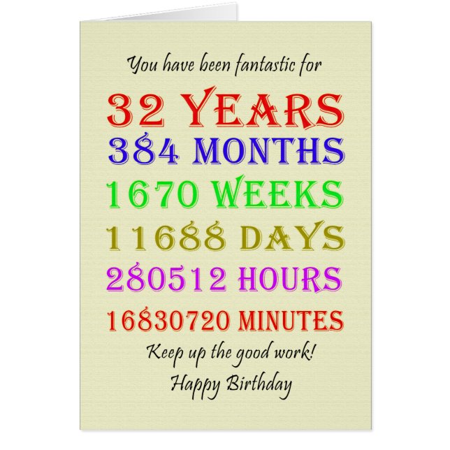32nd Birthday Milestones Cards (Front)