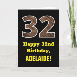 32nd Birthday: Name, Faux Wood Grain Pattern "32" Card
