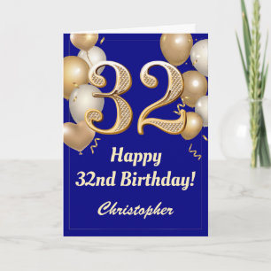 32nd Birthday Navy Blue and Gold Balloons Confetti Card