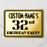 [ Thumbnail: 32nd Birthday Party: Art Deco Look “32” and Name Invitation ]