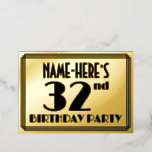 [ Thumbnail: 32nd Birthday Party — Art Deco Look “32” + Name Invitation ]