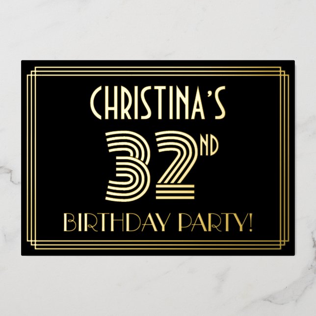 32nd Birthday Party — Art Deco Style “32” + Name Foil Invitation (Front)