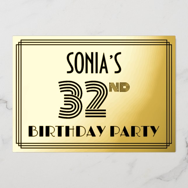 32nd Birthday Party — Art Deco Style “32” & Name Foil Invitation (Front)