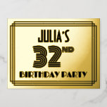 [ Thumbnail: 32nd Birthday Party ~ Art Deco Style “32” + Name Postcard ]