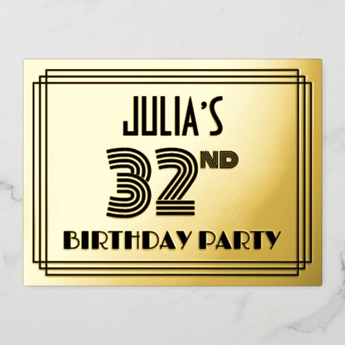 32nd Birthday Party  Art Deco Style 32  Name Foil Invitation Postcard