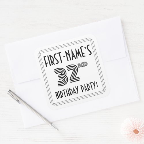 32nd Birthday Party Art Deco Style  Custom Name Square Sticker