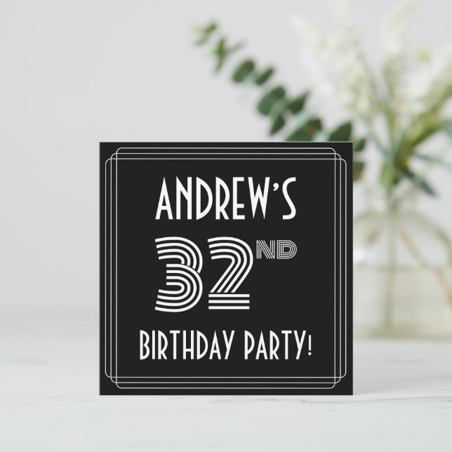 32nd Birthday Party: Art Deco Style w/ Custom Name Invitation (Standing Front)