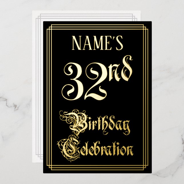 32nd Birthday Party — Fancy Script & Custom Name Foil Invitation (Front/Back)
