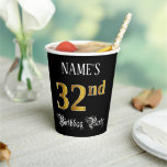 [ Thumbnail: 32nd Birthday Party — Fancy Script, Faux Gold Look Paper Cups ]