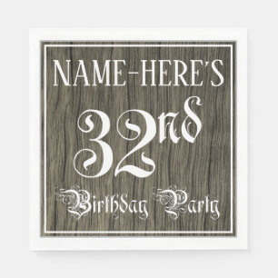 32nd Birthday Party — Fancy Script, Faux Wood Look Napkins