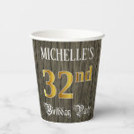 [ Thumbnail: 32nd Birthday Party — Faux Gold & Faux Wood Looks Paper Cups ]
