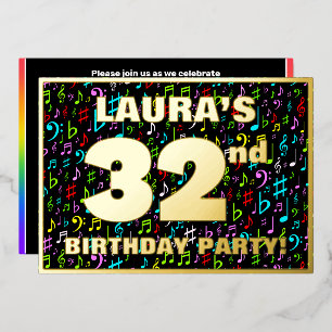 32nd Birthday Party — Fun, Colorful Music Symbols Foil Invitation