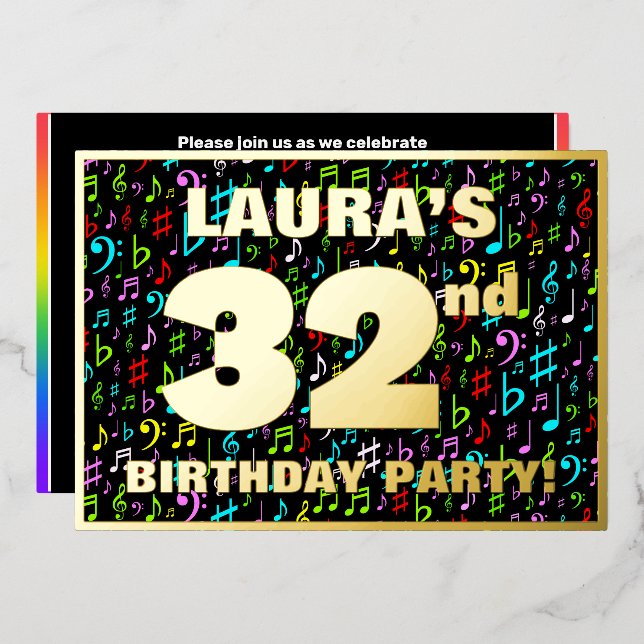 32nd Birthday Party — Fun, Colorful Music Symbols Foil Invitation (Front/Back)