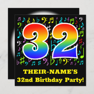 32nd Birthday Party: Fun Music Symbols, Rainbow 32 Invitation