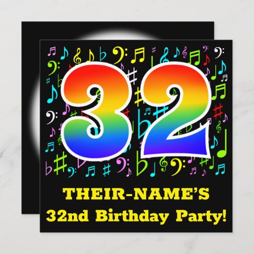 32nd Birthday Party Fun Music Symbols Rainbow 32 Invitation