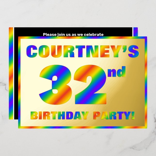 32nd Birthday Party — Fun, Rainbow Spectrum “32” Foil Invitation (Front/Back)
