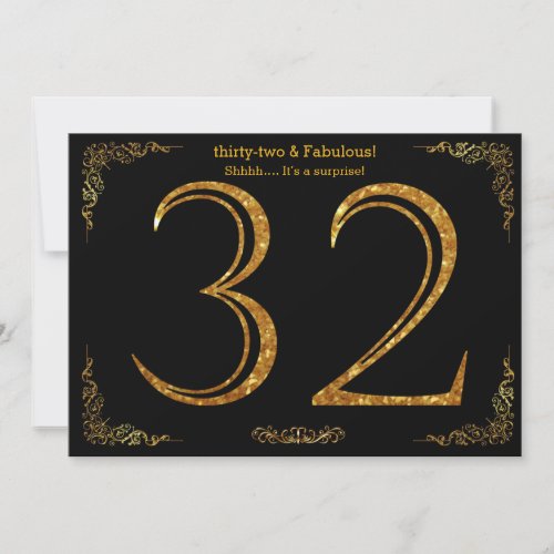 32nd Birthday partyGatsby stylblack gold glitter Invitation