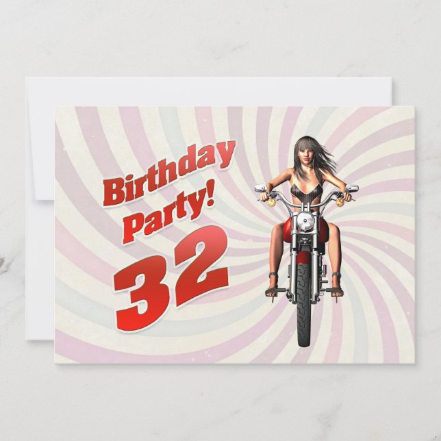 32nd birthday party with a girl on a motorbike invitation (Front)
