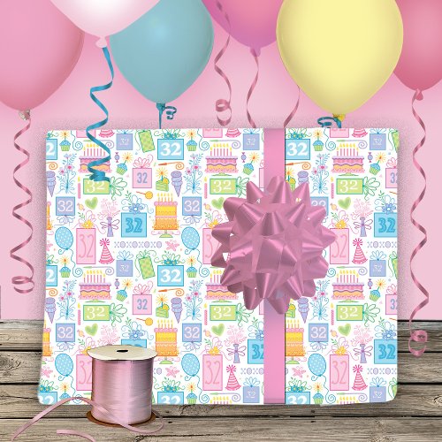 32nd Birthday Pastel Pink Cake Presents Balloons  Wrapping Paper Sheets
