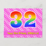[ Thumbnail: 32nd Birthday: Pink Stripes & Hearts, Rainbow 32 Postcard ]
