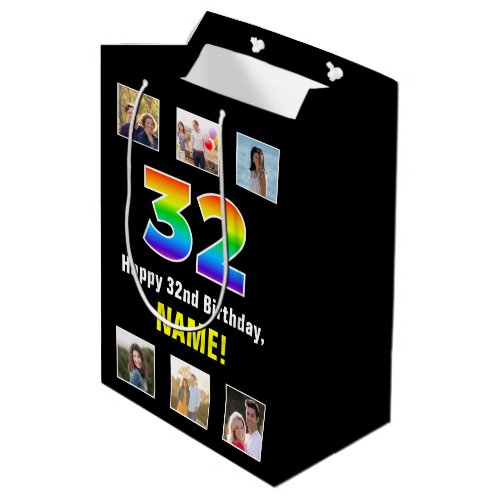 32nd Birthday Rainbow 32 Custom Photos  Name Medium Gift Bag