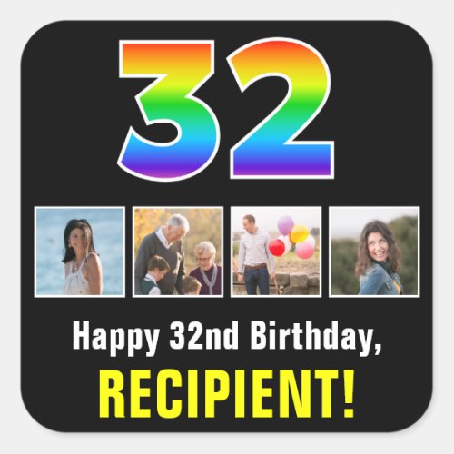 32nd Birthday Rainbow âœ32â Custom Photos  Name Square Sticker