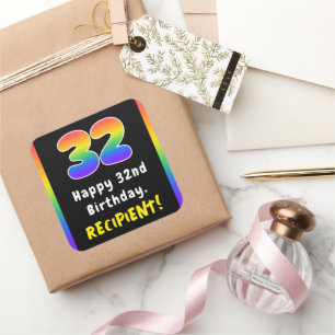 32nd Birthday: Rainbow Spectrum # 32, Custom Name Square Sticker
