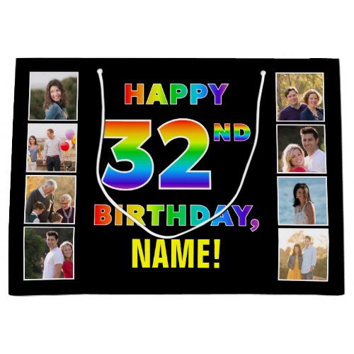 32nd Birthday Rainbow Text Custom Photos  Name Large Gift Bag