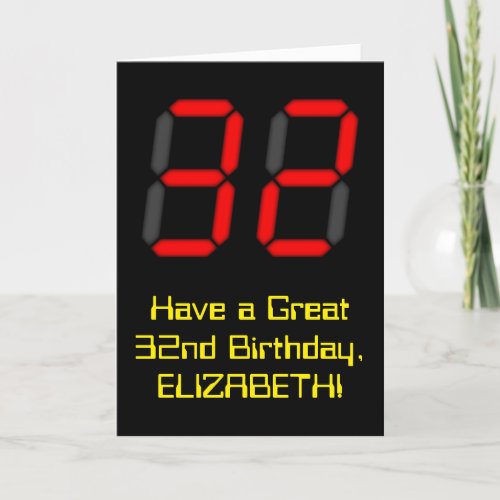 32nd Birthday Red Digital Clock Style 32  Name Card
